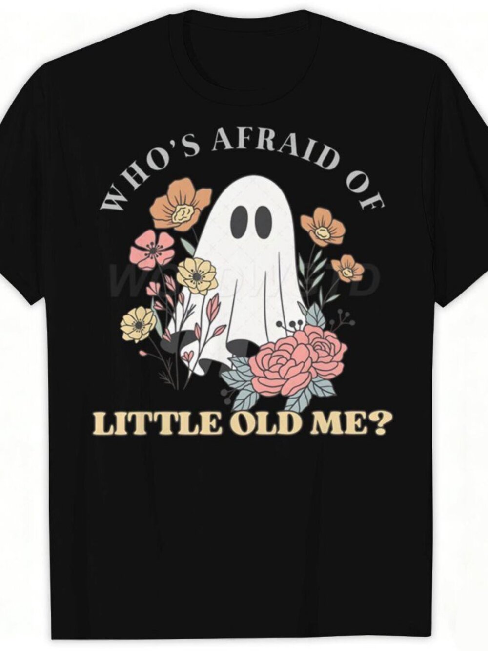 Cute Ghost Floral Wildflowers Retro Graphic Tee Black Short Sleeve Unisex